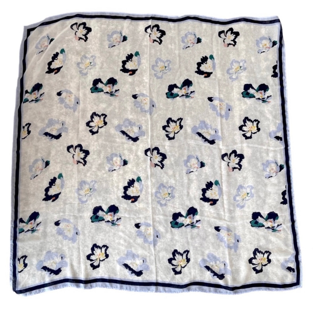 Blue White Floral Butterfly Chiffon Lightweight Sheer Scarf Neckerchief Wrap 40"